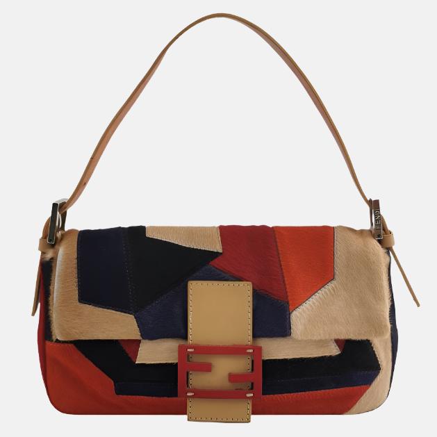 Fendi Baguette Pony-style Calfskin Leather Multicolor Abstract Geometric Patchwork-Luxbags