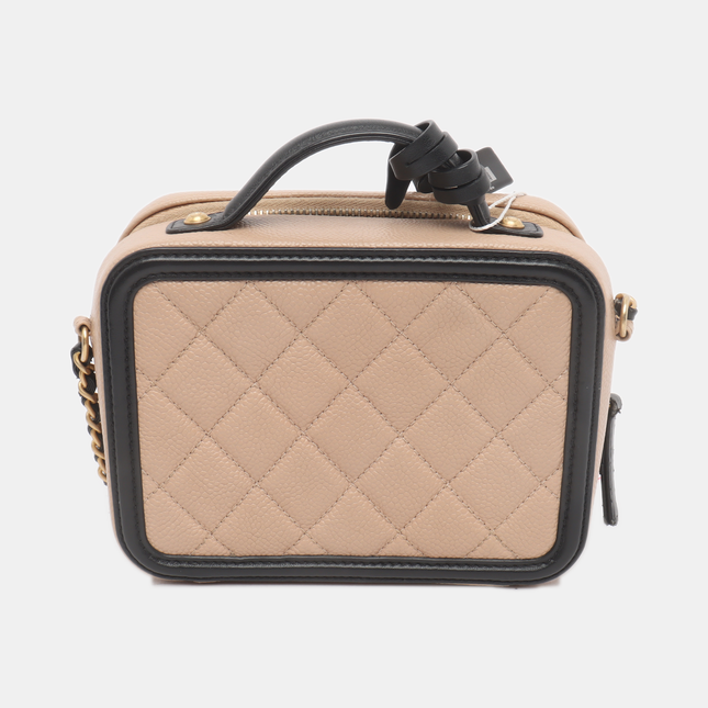 Chanel Filigree Mini Vanity Case Caviar Leather Beige with Black Trim, 2018-2019