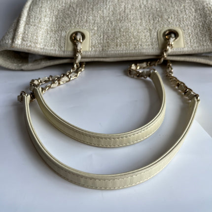 Chanel Deauville Tote Gold Beige Cloth Leather Chain Strap Small 34cm