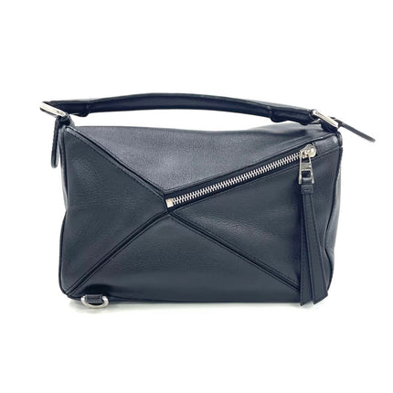 Loewe Puzzle Small Black Smooth Leather White Logo With Metal Feet