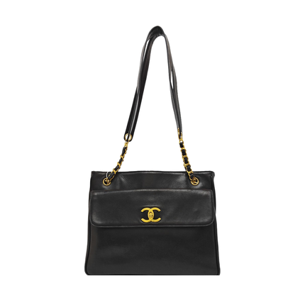 Chanel Vintage Front Pocket Tote Chocolate Brown Leather Double Gold Leather Chain