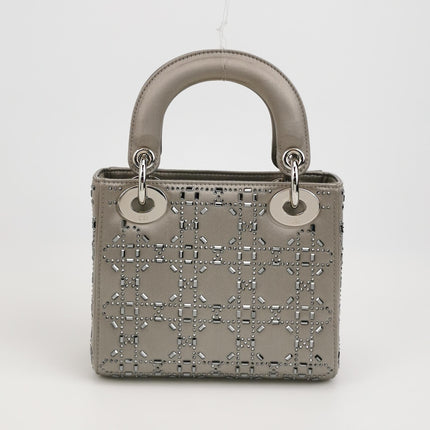 Lady Dior Mini Grey Silk with Crystals Silver Hardware