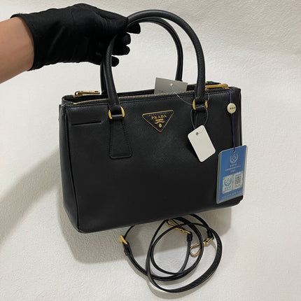 Prada Galleria Saffiano Leather Small Black Handbag with Strap-Luxbags