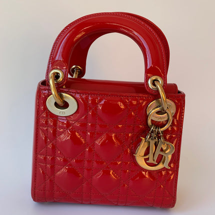 Sold Lady Dior Patent Leather Red Mini handbag with gold hardware