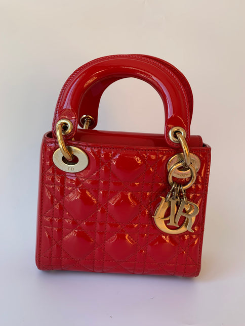 Sold Lady Dior Patent Leather Red Mini handbag with gold hardware