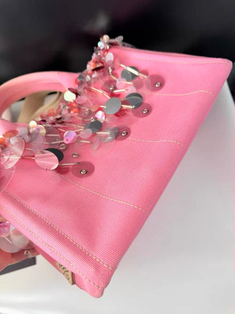 Prada Canape Small Pink Canvas with Sequins Top Handle Bag with Strap Rare