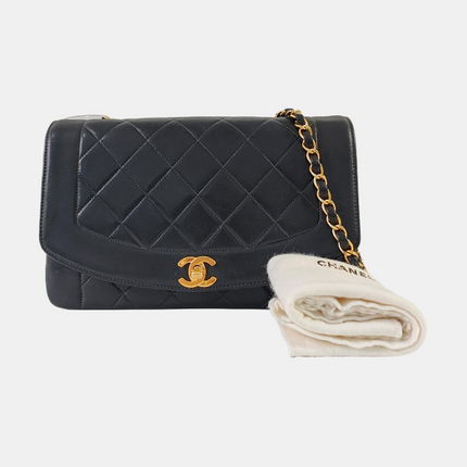 Chanel Diana CC Flap Bag Medium Vintage Black Lambskin Leather with 24k Gold HW, 1991-1994