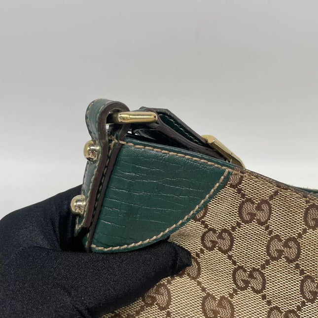 Gucci Large Vintage Green Leather and Monogram Side Horsebit Shoulder Bag