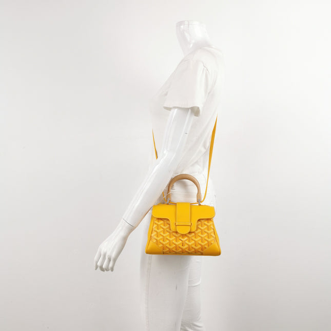 Goyard Saigon Mini Yellow Canvas and Leather Wooden Top Handle Crossbody Bag