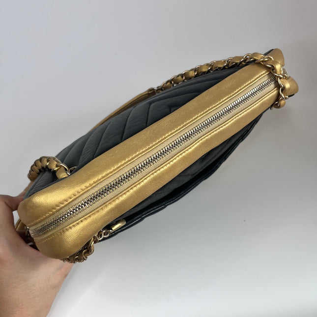 Sold Chanel Chevron Black and Gold Shoulder Bag