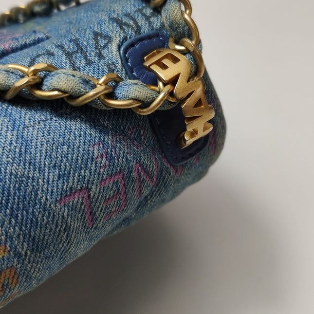 Chanel Classic Flap Mini Rectangular Blue Denim Jeans Gold Hardware Microchip