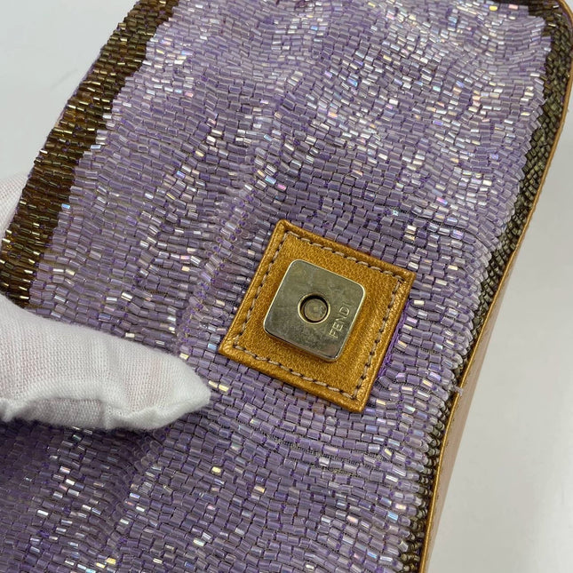 Sold FENDI Baguette Lilac Purple Glitter beads and Gold Leather