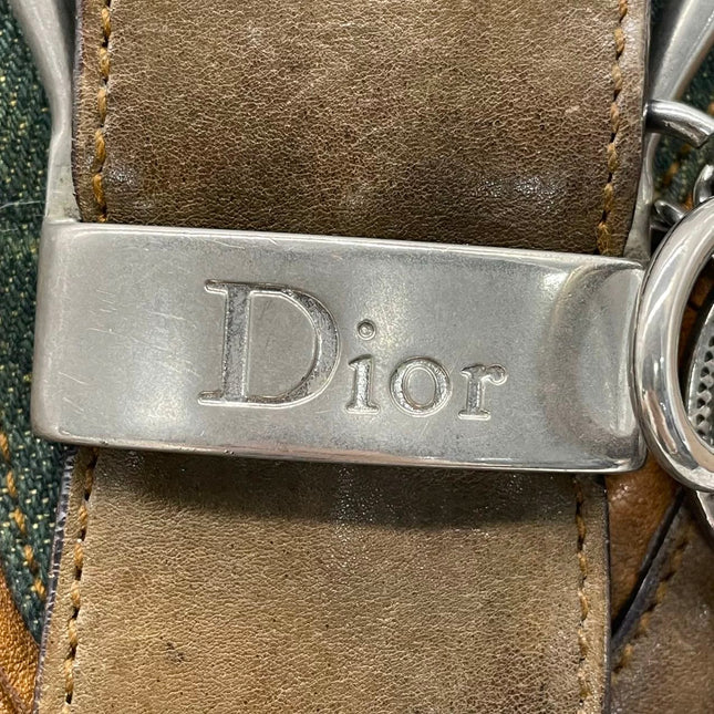 Dior Vintage Gaucho Mini Green Denim Brown Leather Crossbody Bag 2006