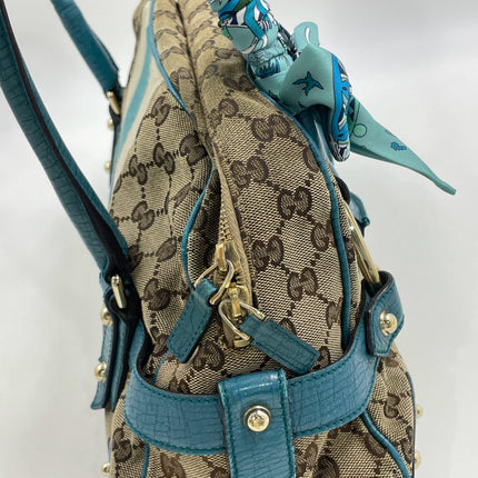 Gucci Horsebit Boston Bowling Handbag Monogram Canvas Blue Leather