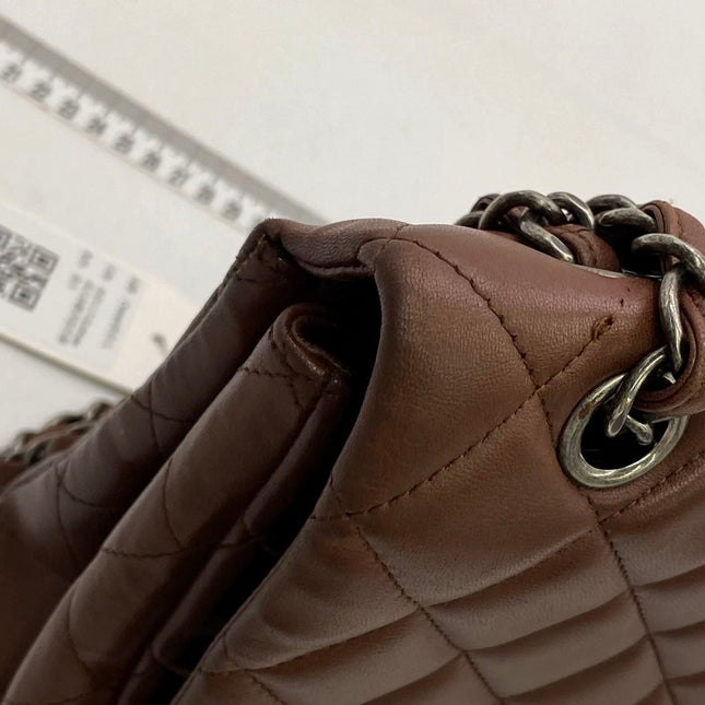 Chanel Classic Flap Maxi Chocolate Brown Lambskin Leather Single Flap Silver Hardware