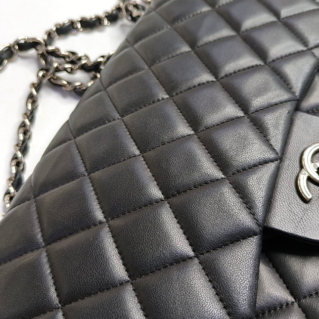 Chanel Classic Flap Jumbo Black Lambskin Leather Single Flap with Silver Hardware