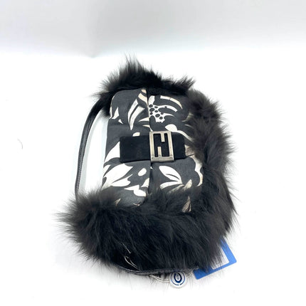 Fendi Baguette Black Print Fabric and Furry Shoulder Bag