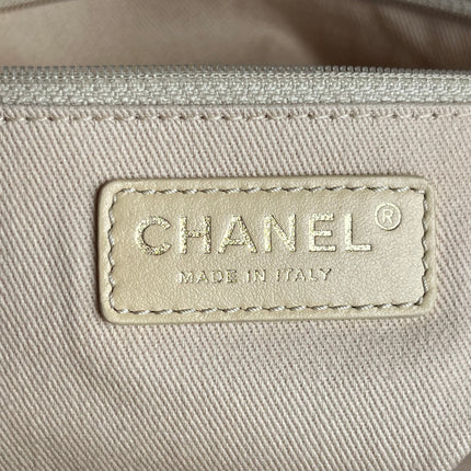 Chanel Deauville Tote Gold Beige Cloth Leather Chain Strap Small 34cm