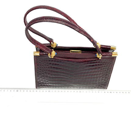 Gucci Vintage Burgundy Alligator Leather Blue Lapis Lazuli Stone Gold-tone Hardware Handbag