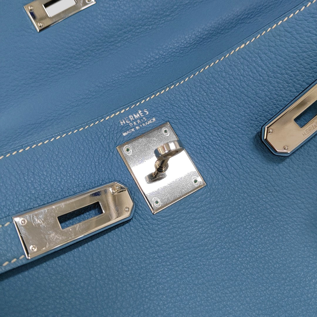 Hermes Kelly 32 Retourne Double Ring Blue Jeans Evercolor Leather Palladium Hardware 2002