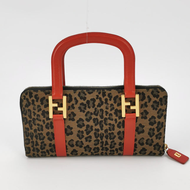 Fendi Clutch Denim Leopard Print with Red Leather Handles