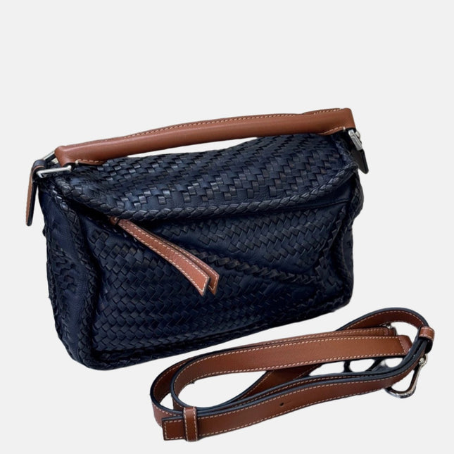 Loewe Puzzle Small Leather Woven Braided Navy Crossbody Bag-Luxbags