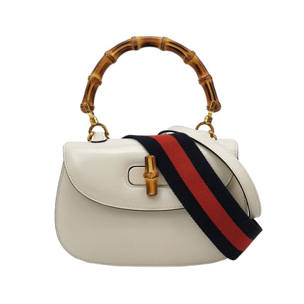 Gucci Bamboo 1947 Top Handle Bag Small White Box Leather Canvas Strap-Luxbags