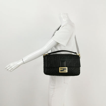 Fendi Baguette Black Leather 3D FF Motif Crossbody Bag Large