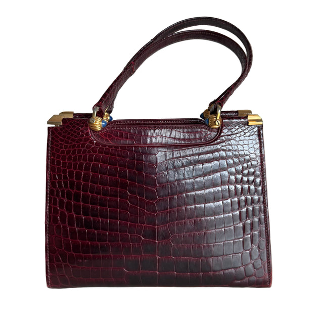 Gucci Vintage Burgundy Alligator Leather Blue Lapis Lazuli Stone Gold-tone Hardware Handbag-Luxbags