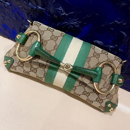 Gucci Horsebit 1955 Chain Bag Gucci Monogram Green Leather and Gold Studs