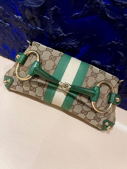 Gucci Horsebit 1955 Chain Bag Gucci Monogram Green Leather and Gold Studs