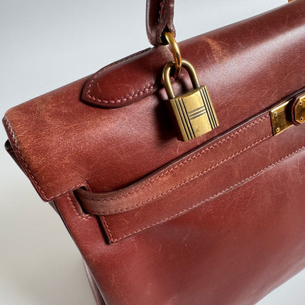 Hermes Kelly 35 Vintage Brown Box Calfskin Leather Gold Hardware 1995 With Strap Lock Key n Clochette