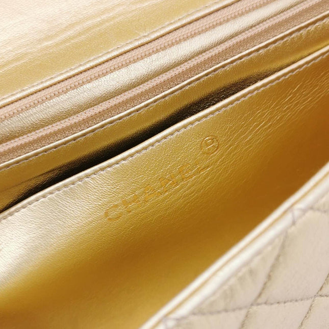 Sold Chanel 1994 Classic Flap Kelly Top Handle Bag Medium Metallic Gold Lambskin Leather
