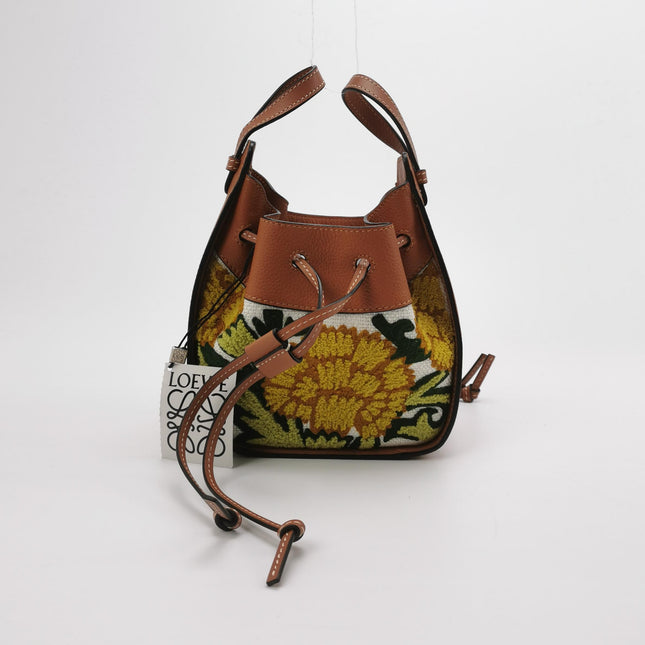 Loewe x William de Morgan Hammock Mini Tan Brown Leather Yellow Flower Embroidery Top Handle Crossbody Bag
