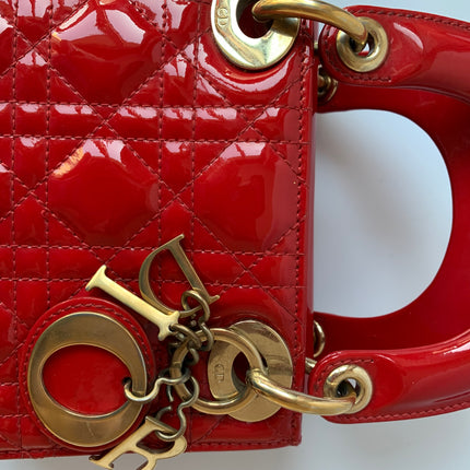 Sold Lady Dior Patent Leather Red Mini handbag with gold hardware