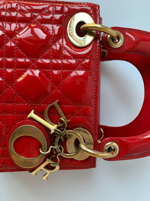 Sold Lady Dior Patent Leather Red Mini handbag with gold hardware