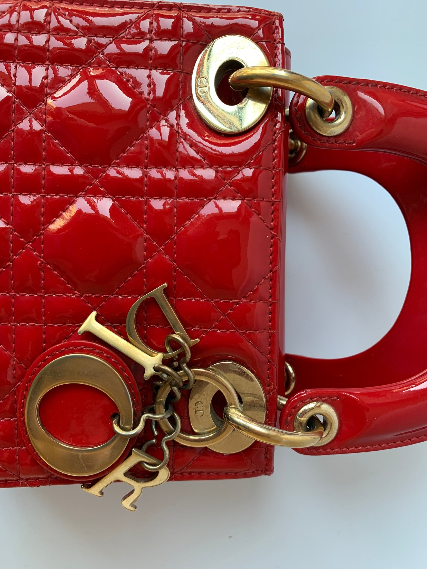 Sold Lady Dior Patent Leather Red Mini handbag with gold hardware