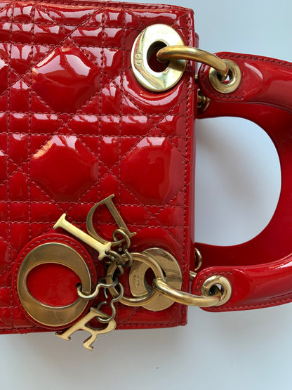 Sold Lady Dior Patent Leather Red Mini handbag with gold hardware