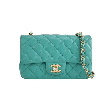 Chanel Classic Flap Mini Turquoise Blue Lambskin Leather Gold Hardware-Luxbags