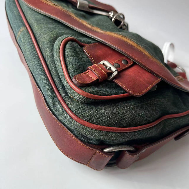 Sac Bandoulière Dior Vintage Gaucho Grand Jean Vert Cuir Bordeaux 2006