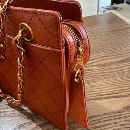 Chanel Vintage Small Matelasse Orange Caviar Leather Top Handle Bag
