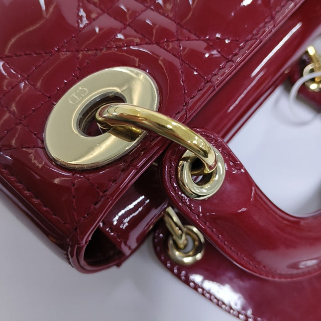 Lady Dior Mini Handbag Burgundy Red Patent Leather Gold-tone Chain Strap