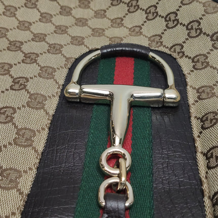 Gucci Large Vintage Brown Monogram and Leather Side Horsebit Shoulder Bag