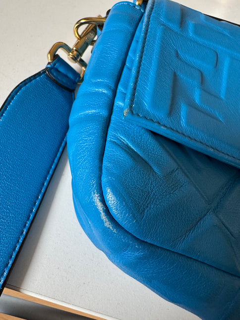 Fendi Baguette Blue Lambskin Leather Crossbody Bag Medium