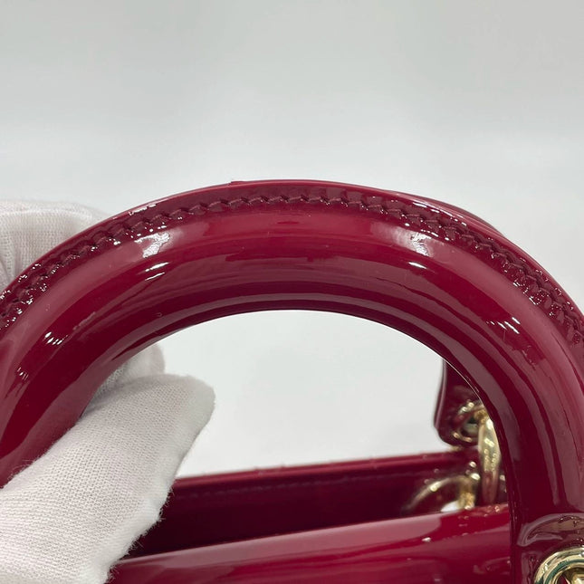Lady Dior Mini Handbag Burgundy Red Patent Leather Gold-tone Chain Strap