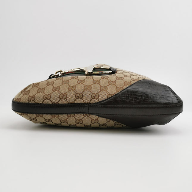 Gucci Large Vintage Brown Monogram and Leather Side Horsebit Shoulder Bag