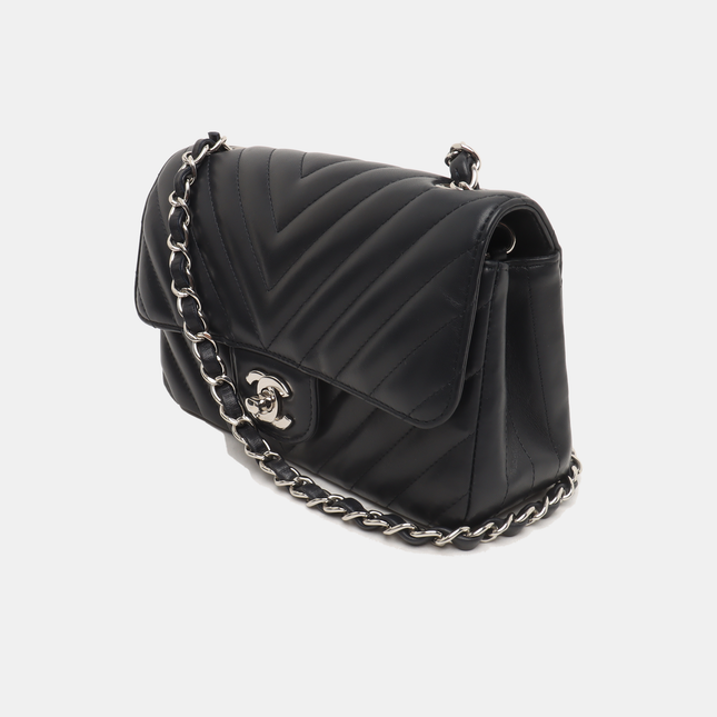 Chanel Classic Flap Mini Chevron Quilted Black Lambskin Silver Hardware
