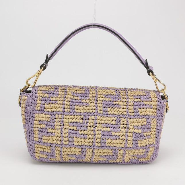 Fendi Baguette Medium Beige Lavender Raffia Leather Crossbody Bag