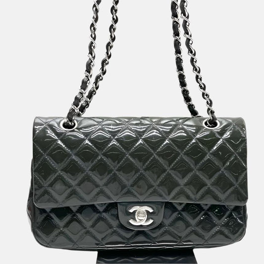 Chanel Classic Flap Jumbo Large Dark Green Patent Leather Silver Hardware, 2014-2015-Luxbags