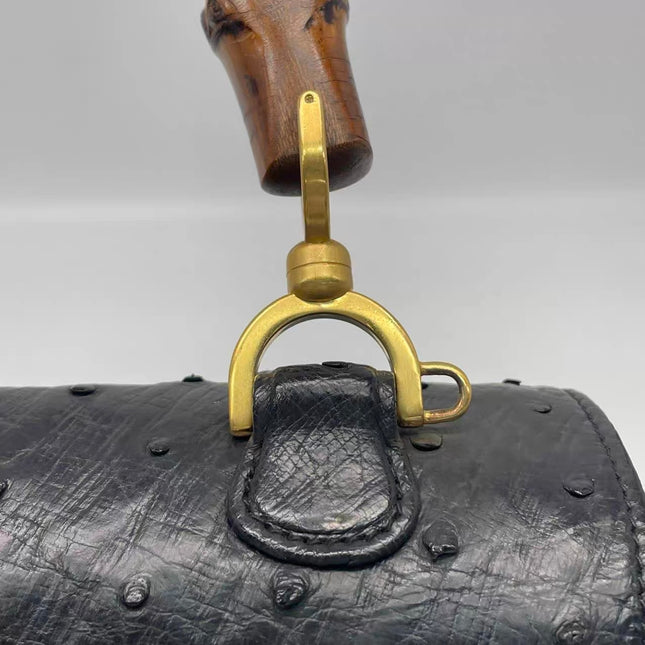 Rare Gucci Bamboo 1947 Vintage Ostrich Leather Medium Black With Strap
